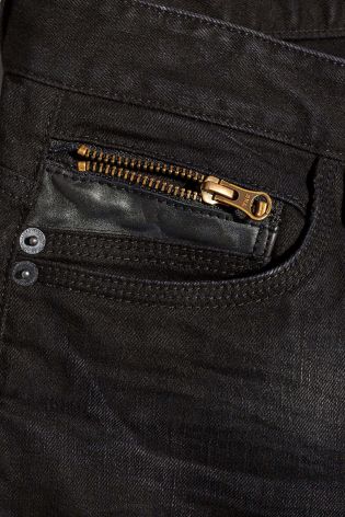 Black Washed Straight Fit Jeans With Leather Trim